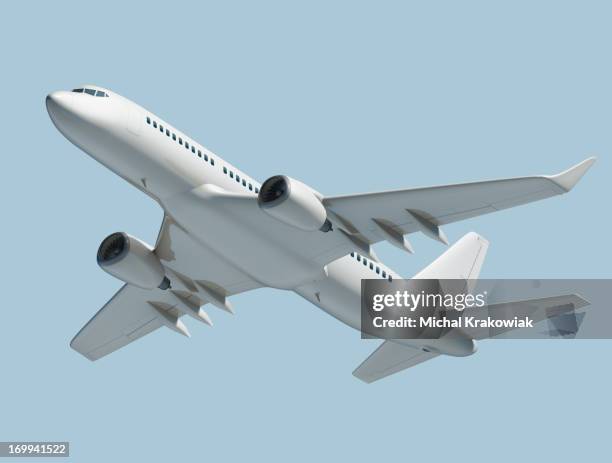 passenger jet airplane isolated on blue background - bottom stock pictures, royalty-free photos & images