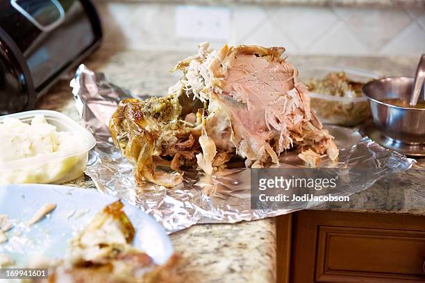 turkey and mashed potato leftovers - thanksgiving leftovers stock pictures, royalty-free photos & images