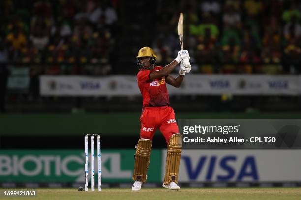 Keacy Carty of Trinbago Knight Riders bats during the Republic Bank Caribbean Premier League Final between Trinbago Knight Riders and Guyana Amazon...