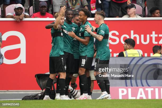 Serhou Guirassy of Stuttgart celebrates the third goal during the Bundesliga match between 1. FSV Mainz 05 and VfB Stuttgart at MEWA Arena on...