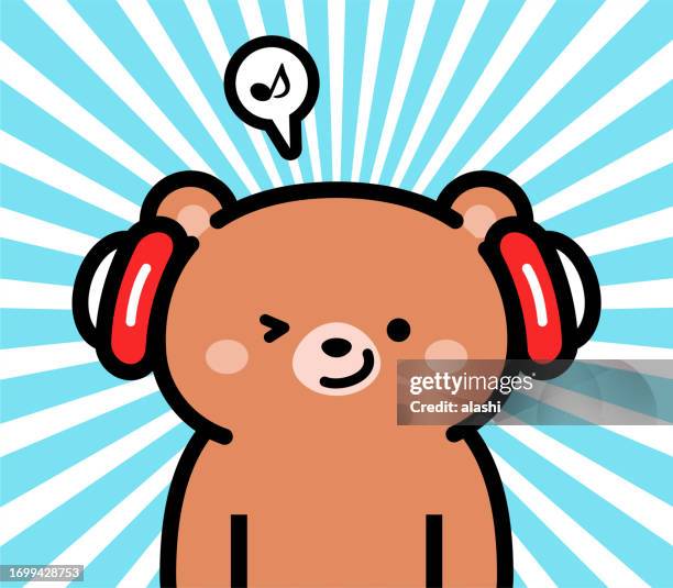 stockillustraties, clipart, cartoons en iconen met cute character design of a little baby bear wearing headphones - kawaii