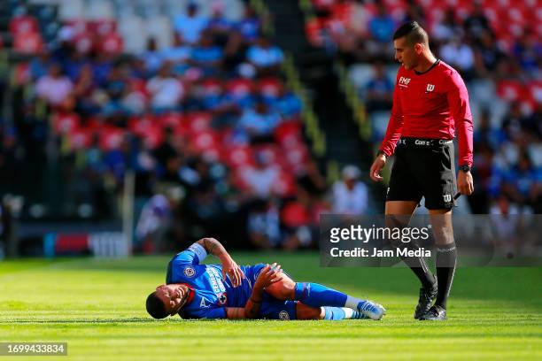 Juan Escobar of Cruz Azul reacts during the 9th round match between Cruz Azul and Queretaro as part of the Torneo Apertura 2023 Liga MX at Azteca...
