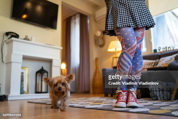 person standing in a lounge wearing patterned pantyhose - american flag small stock pictures, royalty-free photos & images