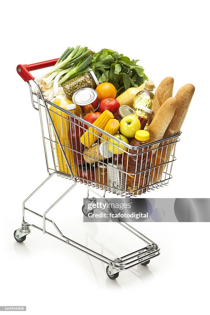 Shopping cart filled with all sort of groceries and food