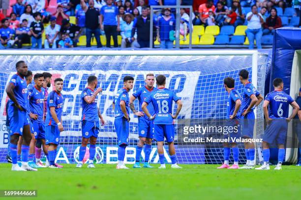 Players of Cruz Azul react after losing the 9th round match between Cruz Azul and Queretaro as part of the Torneo Apertura 2023 Liga MX at Azteca...