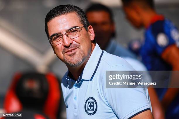 Joaquín Moreno, coach of Cruz Azul gestures during the 9th round match between Cruz Azul and Queretaro as part of the Torneo Apertura 2023 Liga MX at...