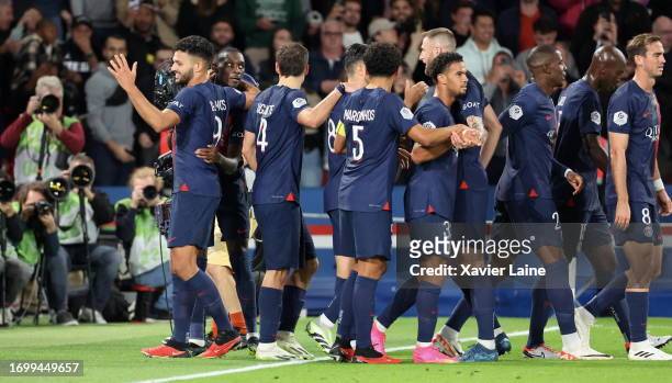 Goncalo Ramos of Paris Saint-Germain celebrates his second goal with teammattes during the Ligue 1 Uber Eats match between Paris Saint-Germain and...
