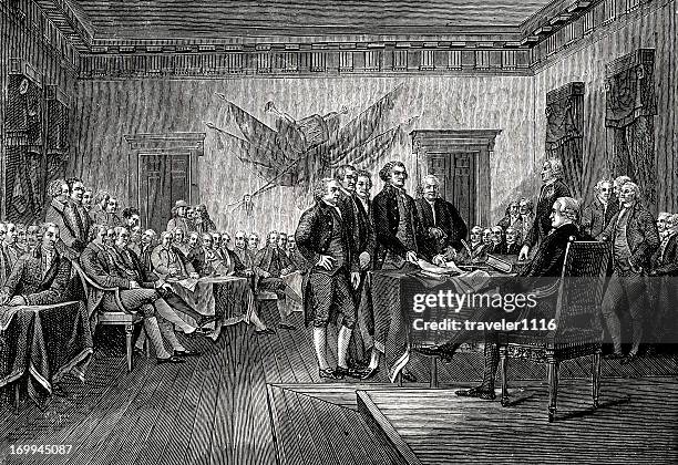 ilustraciones, imágenes clip art, dibujos animados e iconos de stock de la firma de la declaración de la independencia - firmar