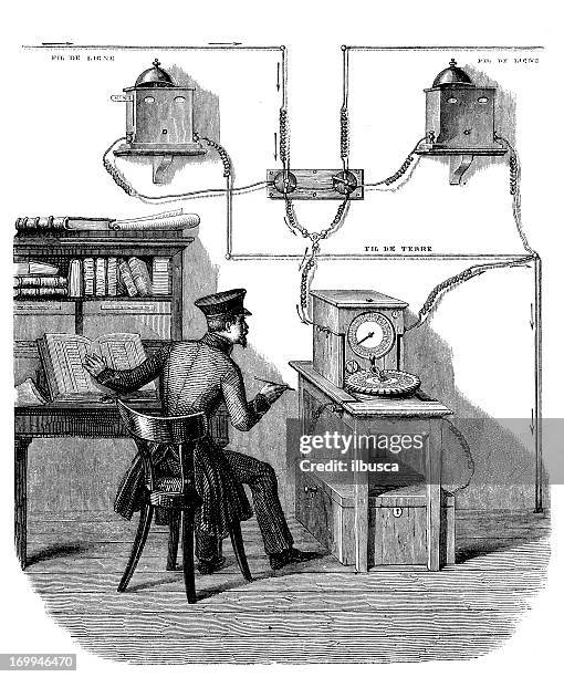 antikes illustration von telegraph - telegraph machine stock-grafiken, -clipart, -cartoons und -symbole