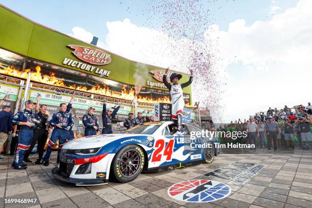 William Byron, driver of the Liberty University Chevrolet, celebrates in victory lane after winning the NASCAR Cup Series Autotrader EchoPark...