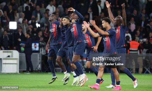 Goncalo Ramos, Randal Kolo Muani, Ousmane Dembele, Achraf hakimi and Nordi Mukile celebrate the victory after the match between Paris Saint-Germain...