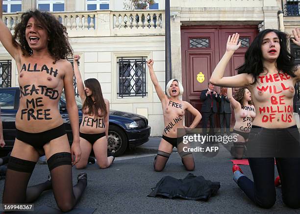 Egyptian activist Aliaa Elmahdy and other FEMEN feminist activist group members take part in a protest calling to support jailed FEMEN activists on...