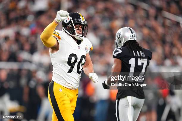 Watt of the Pittsburgh Steelers reacts a defensive play in the game against the Las Vegas Raiders during the first quarter at Allegiant Stadium on...