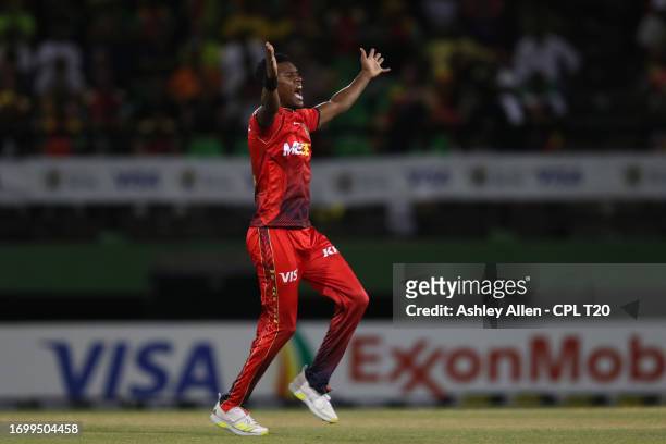 Akeal Hosein of Trinbago Knight Riders appeals during the Republic Bank Caribbean Premier League Final between Trinbago Knight Riders and Guyana...