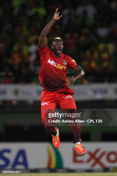 Andre Russell of Trinbago Knight Riders reacts to a missed chance during the Republic Bank Caribbean Premier League Final between Trinbago Knight...