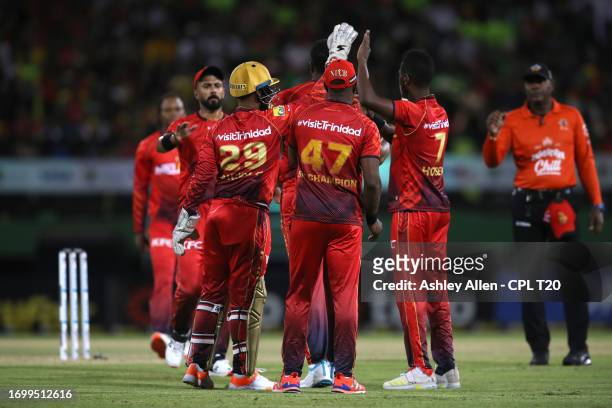 Trinbago Knight Riders celebrate the wicket of Keemo Paul of Guyana Amazon Warriors during the Republic Bank Caribbean Premier League Final between...