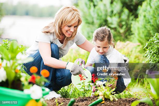mutter und tochter gemeinsam pflanzen blumen - children gardening stock-fotos und bilder