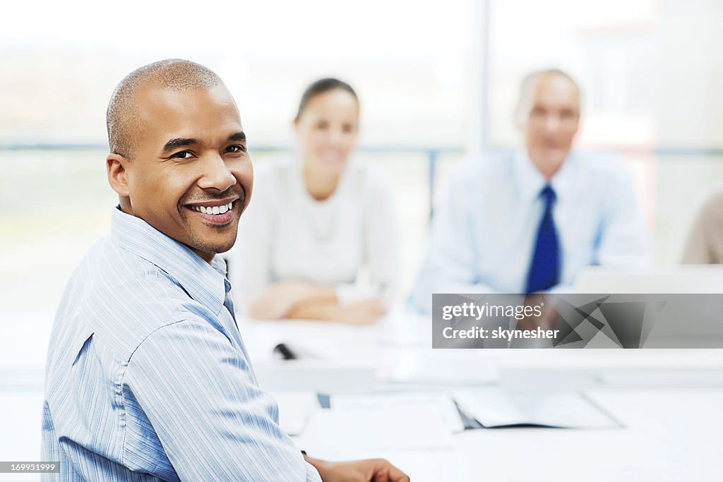 Happy man at job interview.