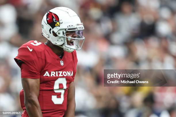Joshua Dobbs of the Arizona Cardinals celebrates after a touchdown during an NFL football game between the Arizona Cardinals and the Dallas Cowboys...