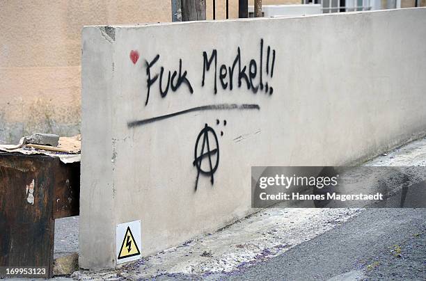 Graffity 'Fuck Merkel' is seen in Nicosia on May 25, 2013 in Nicosia, Cyprus. Cyprus is continuing to struggle with the aftermath of its bank debt...