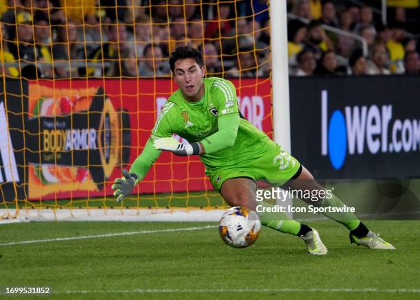 Patrick Schulte of Columbus Crew dives to make a save during the first half against the Philadelphia Union at Lower.com Field in Columbus, Ohio on...