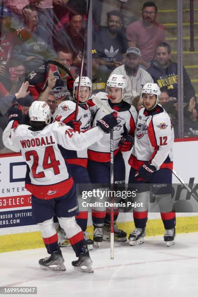 Forward Aidan Castle of the Windsor Spitfires celebrates his second period goal against goaltender Brayden Gillespie of the Guelph Storm at WFCU...