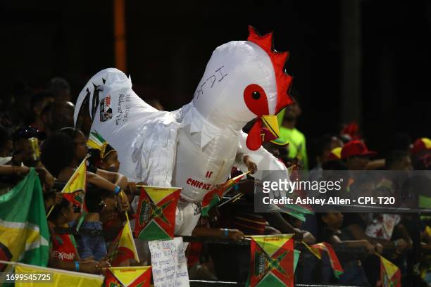Fan dressed as a chicken shows his support during the Republic Bank Caribbean Premier League Final between Trinbago Knight Riders and Guyana Amazon...