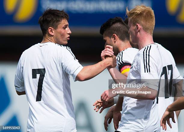 Fabian Schnellhardt of Germany scores 1-0 during the Under 19 elite round match between U19 Cyprus and U19 Germany at Mjondalen Stadium on June 5,...