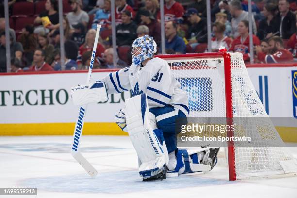 Martin Jones of the Toronto Maple Leafs looks on during the second period of the NHL pre-season game between the Toronto Maple Leafs and the Montreal...