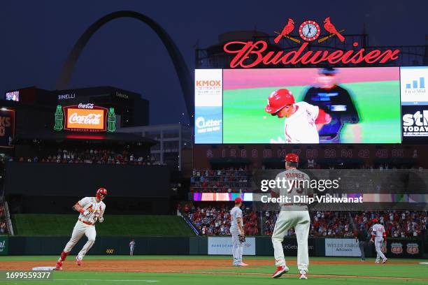 Lars Nootbaar of the St. Louis Cardinals rounds third base after hitting a two-run home run against the Cincinnati Reds in the second inning at Busch...