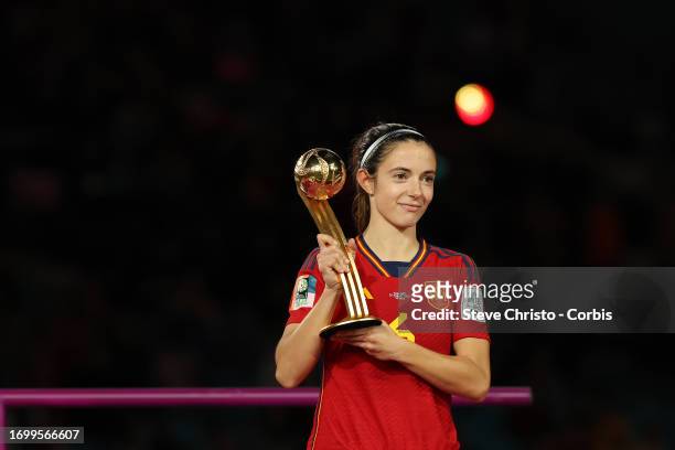 Spain's Aitana Bonmati holds the trophy on the podium for the FIFA Golden Ball Award during the FIFA Women's World Cup Australia & New Zealand 2023...