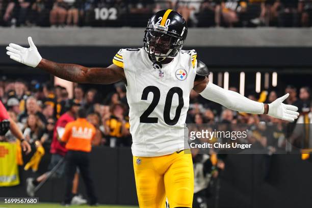 Patrick Peterson of the Pittsburgh Steelers celebrates an interception in the game against the Las Vegas Raiders during the third quarter at...