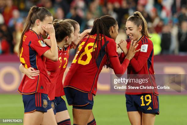 Salma Paralluelo and Olga Carmona of Spain during the FIFA Women's World Cup Australia & New Zealand 2023 Final match between Spain and England at...