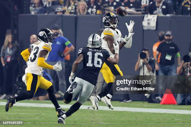 Patrick Peterson of the Pittsburgh Steelers intercepts a pass in the game against the Las Vegas Raiders during the third quarter at Allegiant Stadium...