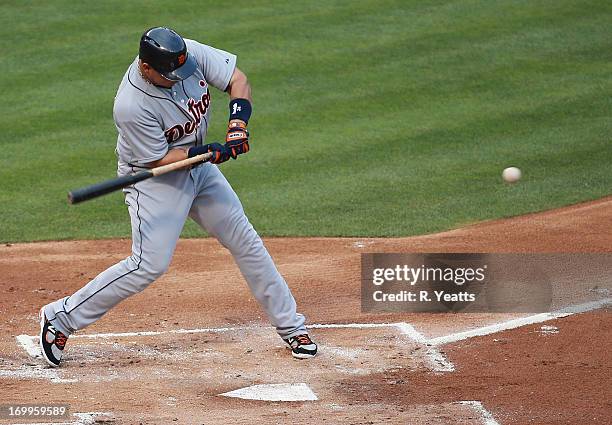 Miguel Cabrera of the Detroit Tigers hits in the first inning against the Texas Rangers at Rangers Ballpark in Arlington on May 18, 2013 in...