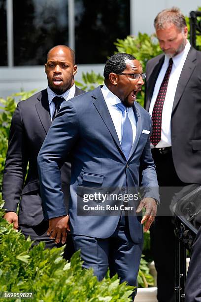 Linebacker Ray Lewis of the National Football League Super Bowl champion Baltimore Ravens laughes while attending a ceremony hosted by U.S. President...