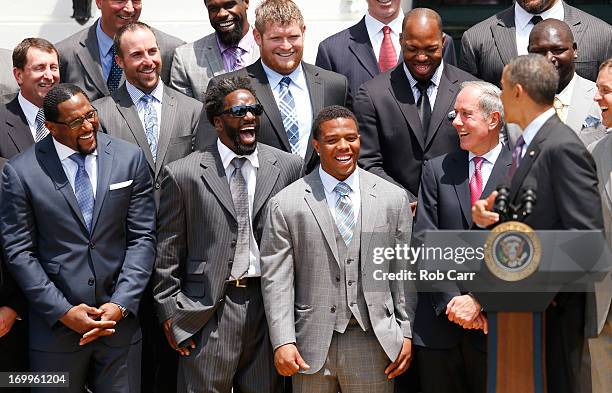 From left, linebacker Ray Lewis, safety Ed Reed, running back Ray Rice and team president Dick Cass of the National Football League Super Bowl...