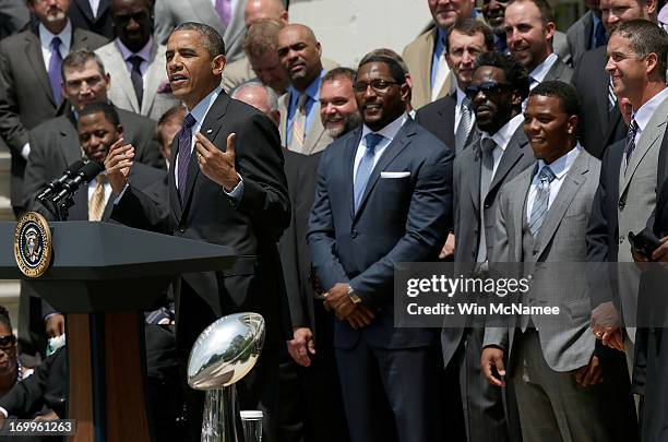 President Barack Obama welcomes members of the National Football League Super Bowl champion Baltimore Ravens during a South Lawn ceremony on June 5,...