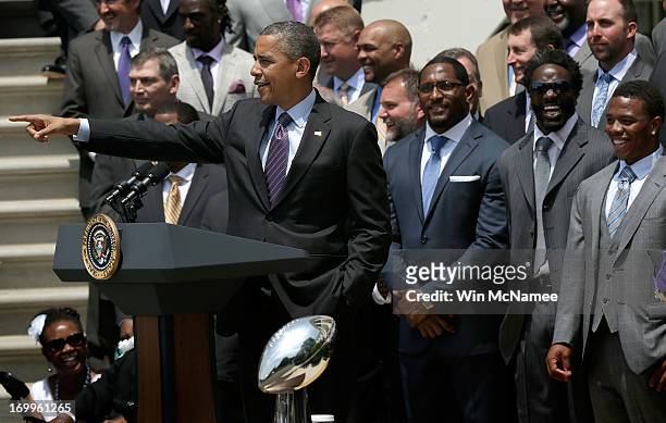 President Barack Obama welcomes members of the National Football League Super Bowl champion Baltimore Ravens during a South Lawn ceremony on June 5,...