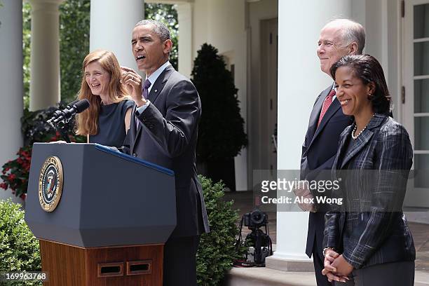 President Barack Obama speaks as former aide Samantha Power , U.S. Ambassador to the United Nations Susan Rice and incumbent National Security...
