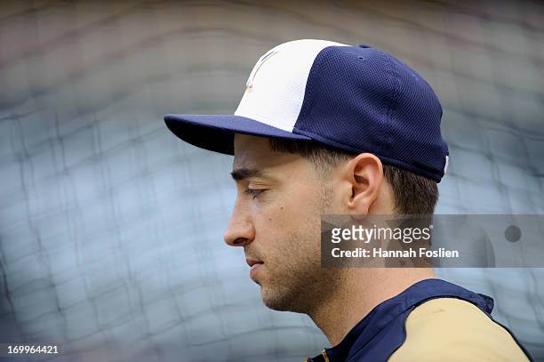 Ryan Braun of the Milwaukee Brewers looks on during batting practice before the game against the Minnesota Twins on May 30, 2013 at Target Field in...