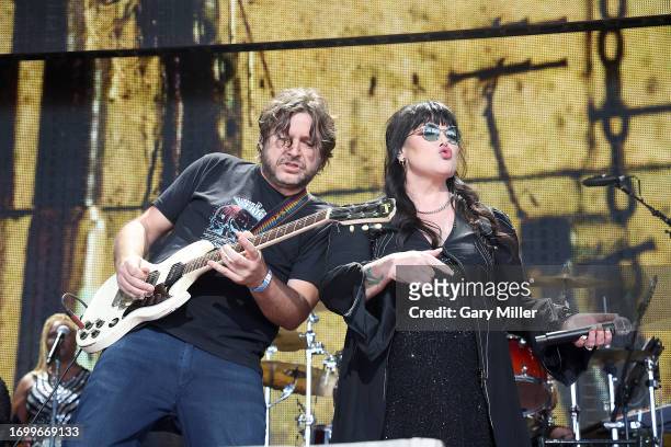 Tom Bukovac and Ann Wilson of Heart performs in concert with the Jim Irsay Band during Farm Aid at Ruoff Home Mortgage Music Center on September 23,...