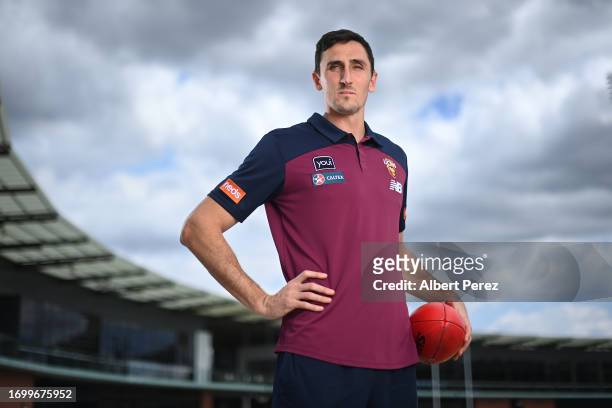Oscar McInerney of the Lions poses for a portrait during a Brisbane Lions AFL media opportunity at Brighton Homes Arena on September 25, 2023 in...