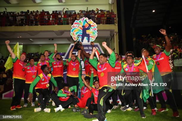 Guyana Amazon Warriors celebrate winning the 2023 Republic Bank Caribbean Premier League during the Republic Bank Caribbean Premier League Final...
