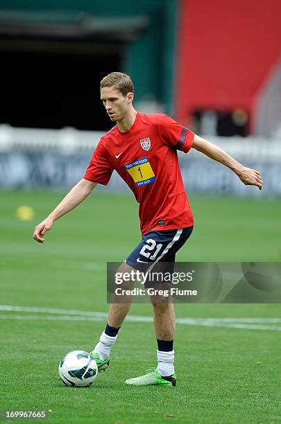 Clarence Goodson of the United States Men's National Team warms up before the game against the Germany Men's National Team in an international...