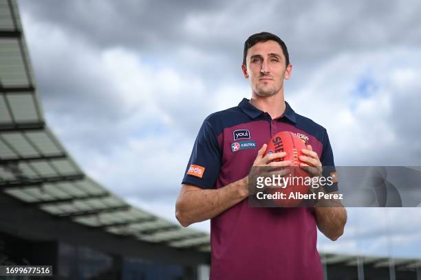 Oscar McInerney of the Lions poses for a portrait during a Brisbane Lions AFL media opportunity at Brighton Homes Arena on September 25, 2023 in...