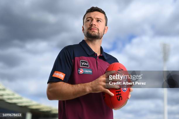 Conor McKenna of the Lions poses for a portrait during a Brisbane Lions AFL media opportunity at Brighton Homes Arena on September 25, 2023 in...