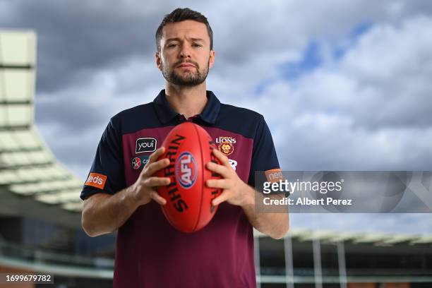 Conor McKenna of the Lions poses for a portrait during a Brisbane Lions AFL media opportunity at Brighton Homes Arena on September 25, 2023 in...