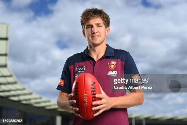 Zac Bailey of the Lions poses for a portrait during a Brisbane Lions AFL media opportunity at Brighton Homes Arena on September 25, 2023 in Ipswich,...