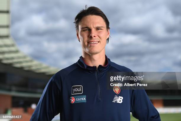 Eric Hipwood of the Lions poses for a portrait during a Brisbane Lions AFL media opportunity at Brighton Homes Arena on September 25, 2023 in...